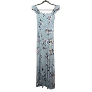 Flynn Skye Bardot Light Blue Babydoll Cottagecore Floral Maxi Dress sz XS